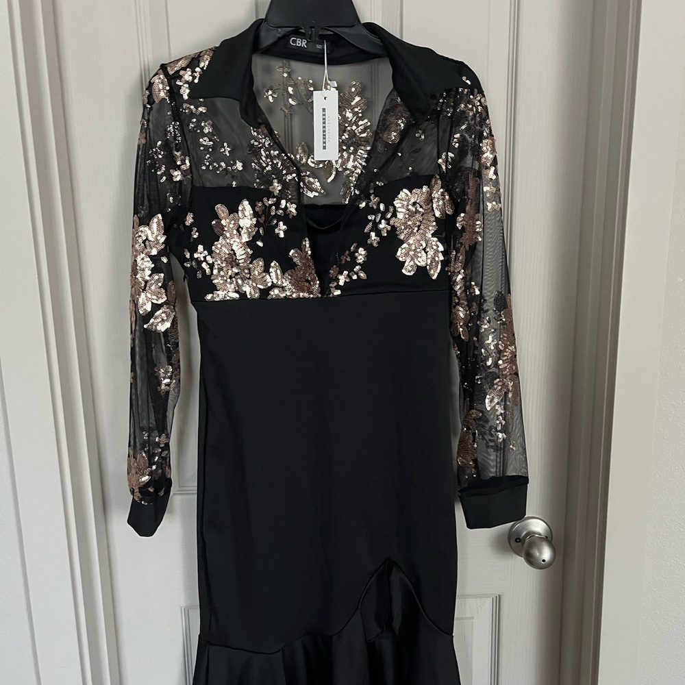 CBR Black and Gold Floral Mesh Dress, NWT